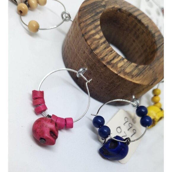 Skull Colorful Wine Glass Charms Set - 6  Themed Unique Charms With Beads & Wood - Picture 2 of 14